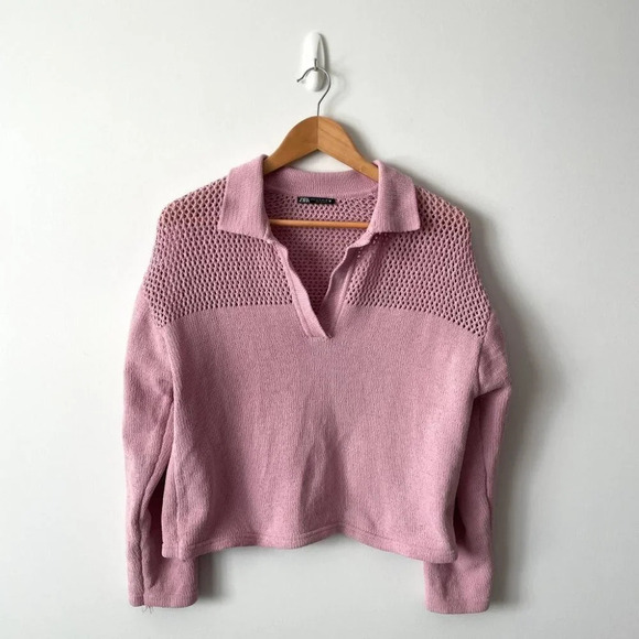 Zara Cropped Chenille Knit Collared Pullover Sweater Pink Size Small - Picture 2 of 6